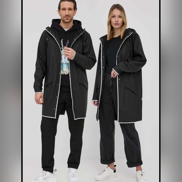 Rains Jackets & Blazers - NWT RAINS Jacket M Unisex Long Black Reflective Rain Jacket Snap Button Hooded